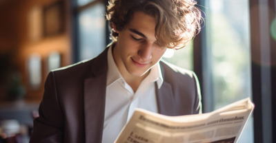 Young man reading a newpaper