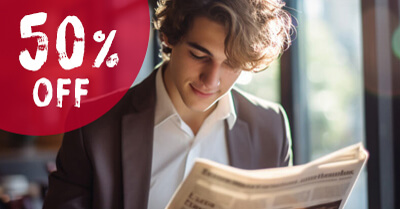 50% Off Sale - young man reading a newspaper