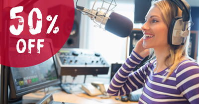 50% Off Sale - young woman hosting a radio show